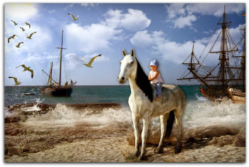 Pferd mit Kind am Meer